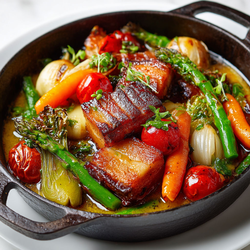 Cocotte de légumes nouveaux au lard paysan, un plat rustique et généreux aux saveurs de printemps.