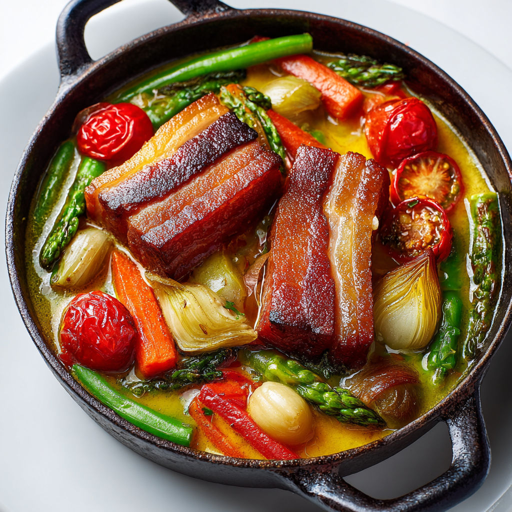 Mijoté de légumes croquants et poitrine de porc demi-sel, relevé de miel et d’un bouillon parfumé.