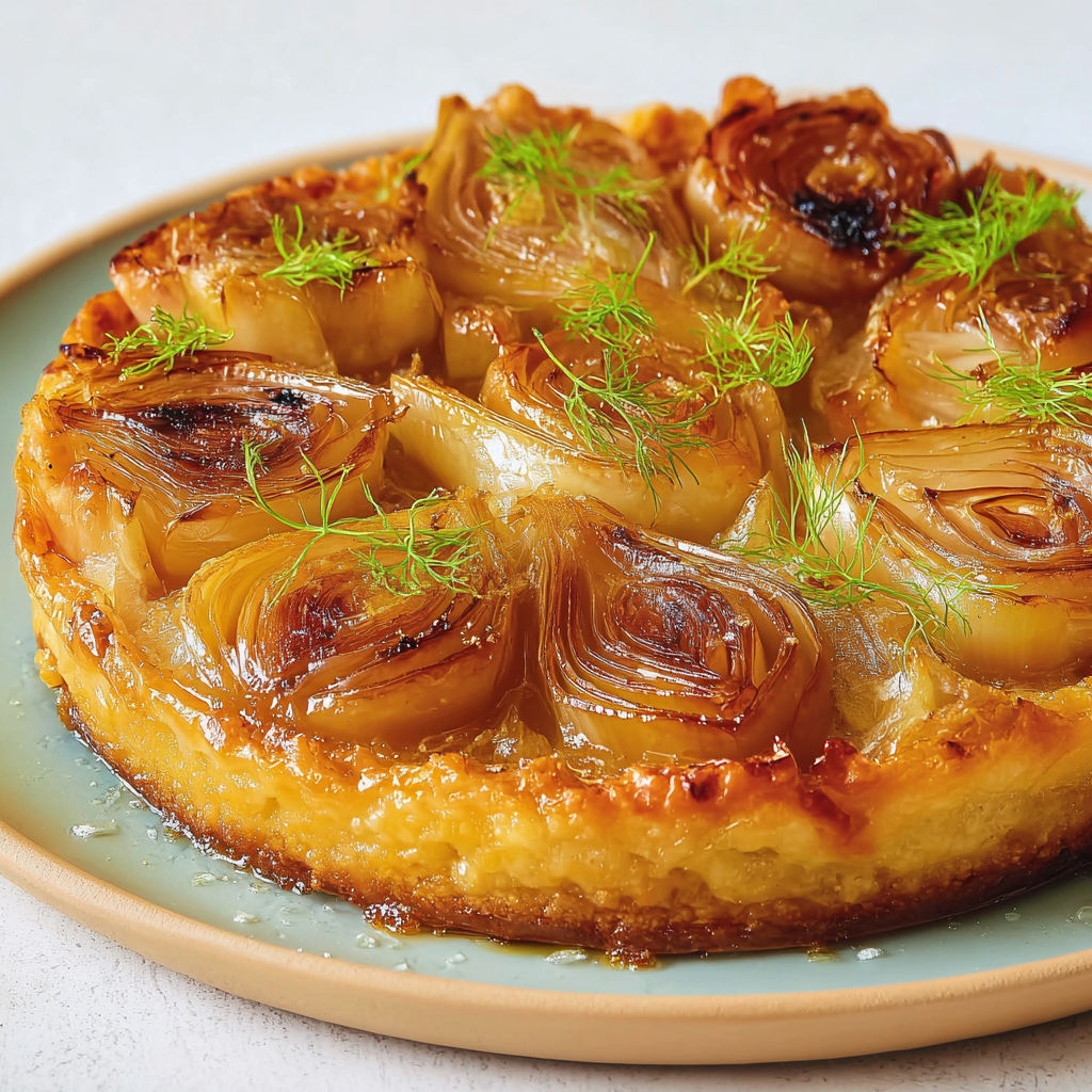 Tarte renversée de fenouil rôti, pâte aux amandes et parmesan, avec une texture croustillante et un cœur tendre légèrement sucré-salé.