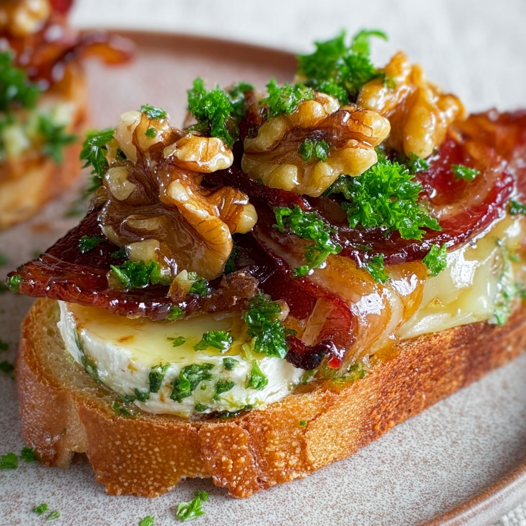 Une tartine de pain grillé avec du fromage et des noix, accompagnée d'un sirop d'érable à la canadienne.