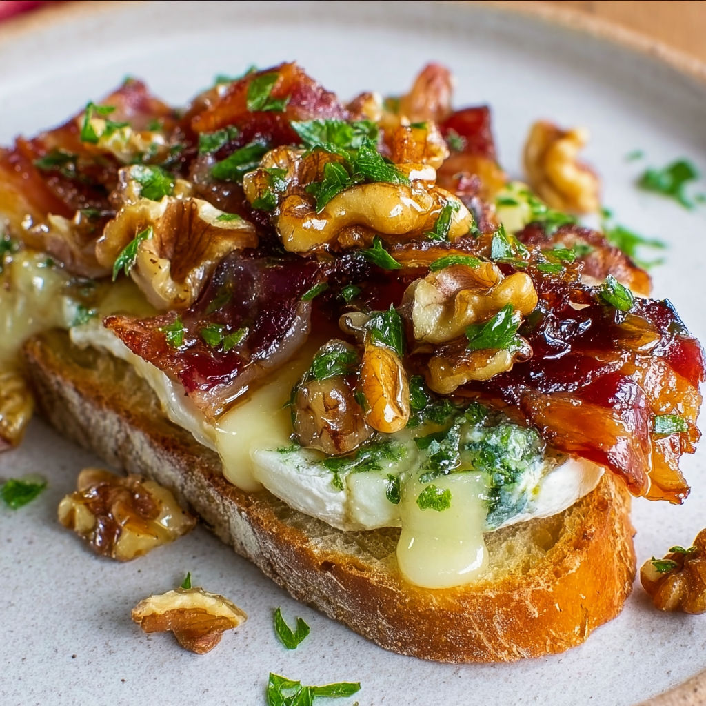 Tartines de camembert fondant au four, nappées de sirop d’érable et garnies de bacon croustillant.