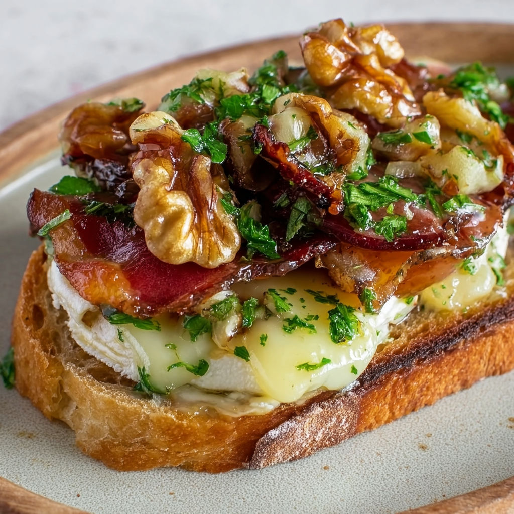 Tartines gourmandes façon canadienne, mélange sucré-salé de fromage fondant, lard fumé et noix croquantes au sirop d’érable.