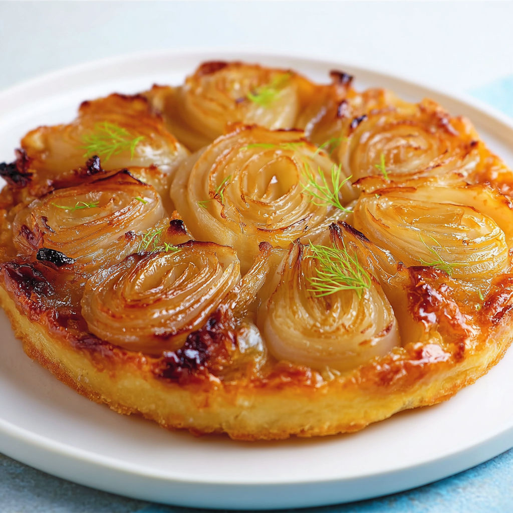 Tarte renversée de fenouil rôti, pâte aux amandes et parmesan, avec une texture croustillante et un cœur tendre légèrement sucré-salé.