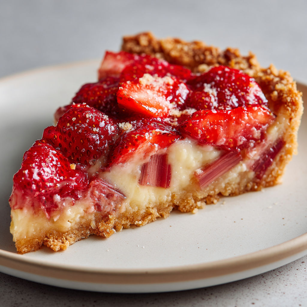 Tarte fraises, rhubarbe et amandes façon pâtisserie fine, alliant acidité fruitée et douceur de crème d’amandes.