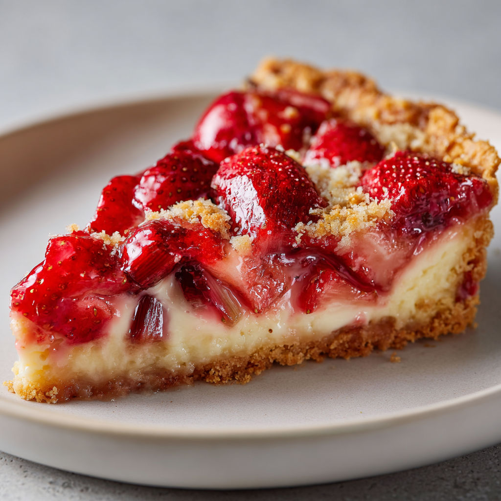 Tarte gourmande aux fraises fraîches et rhubarbe fondante, sur base sablée et garniture moelleuse aux amandes.