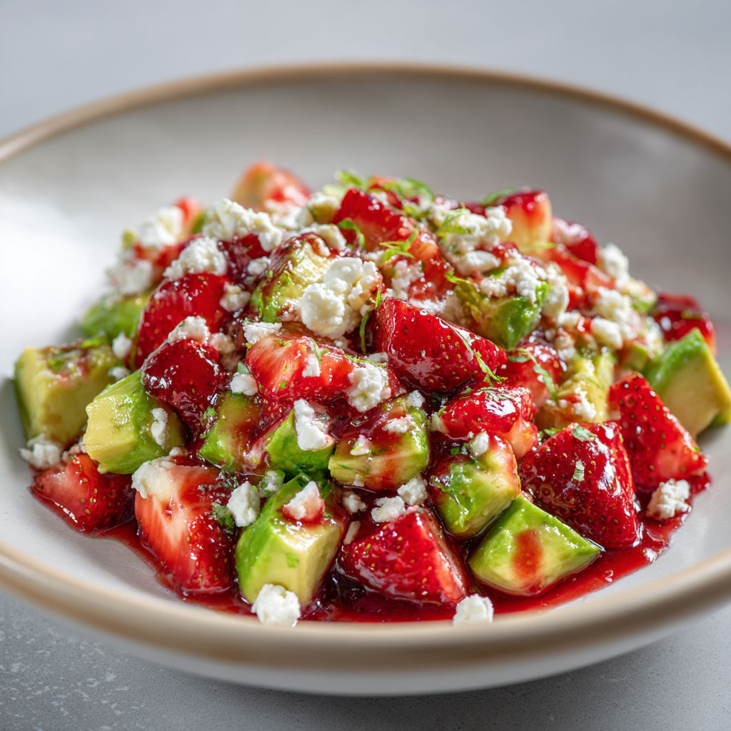 Salade fraîche de chèvre et avocat aux fraises, mélange doux et acidulé avec une touche fruitée.