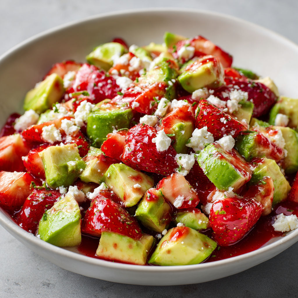 Salade sucrée-salée élégante, avec coulis de fraise, textures fondantes et notes fraîches de citron.