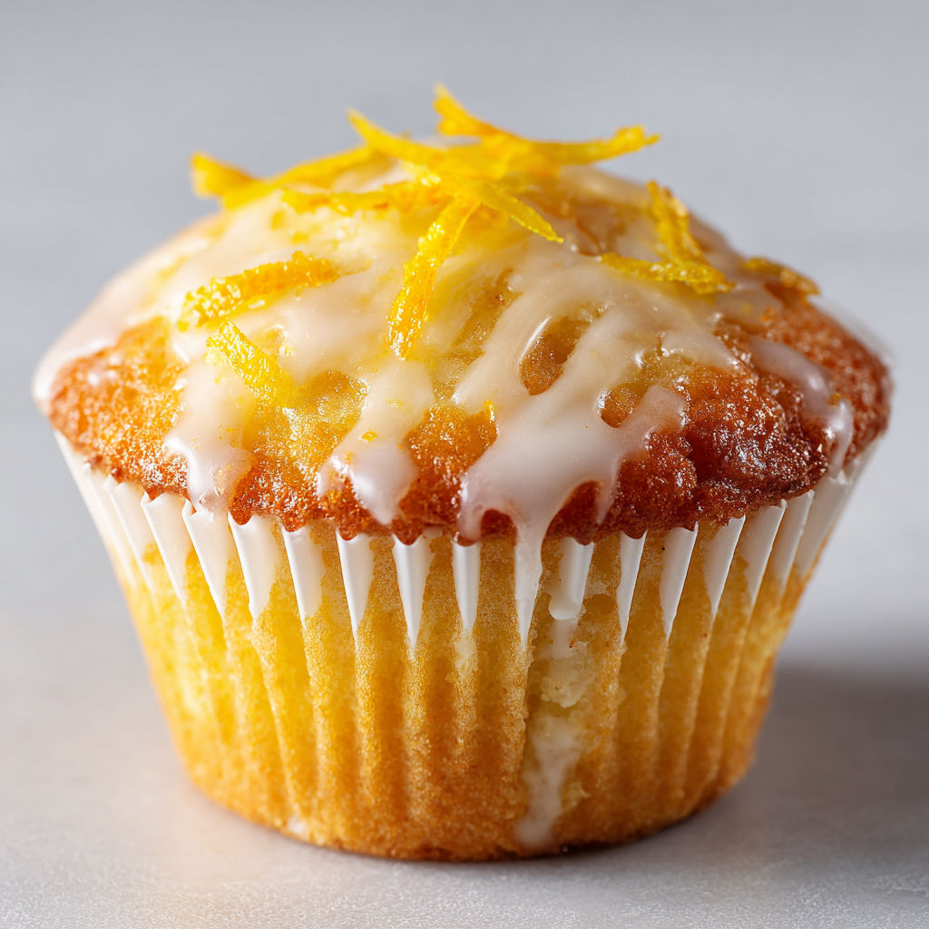 Un petit gâteau citronné sur une table blanche.