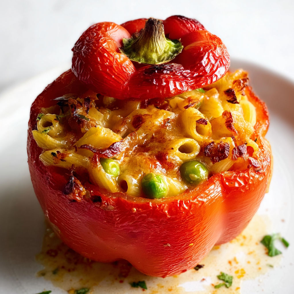 Poivrons farcis aux pâtes et légumes, gratinés au fromage, une recette anti-gaspillage simple et colorée.
