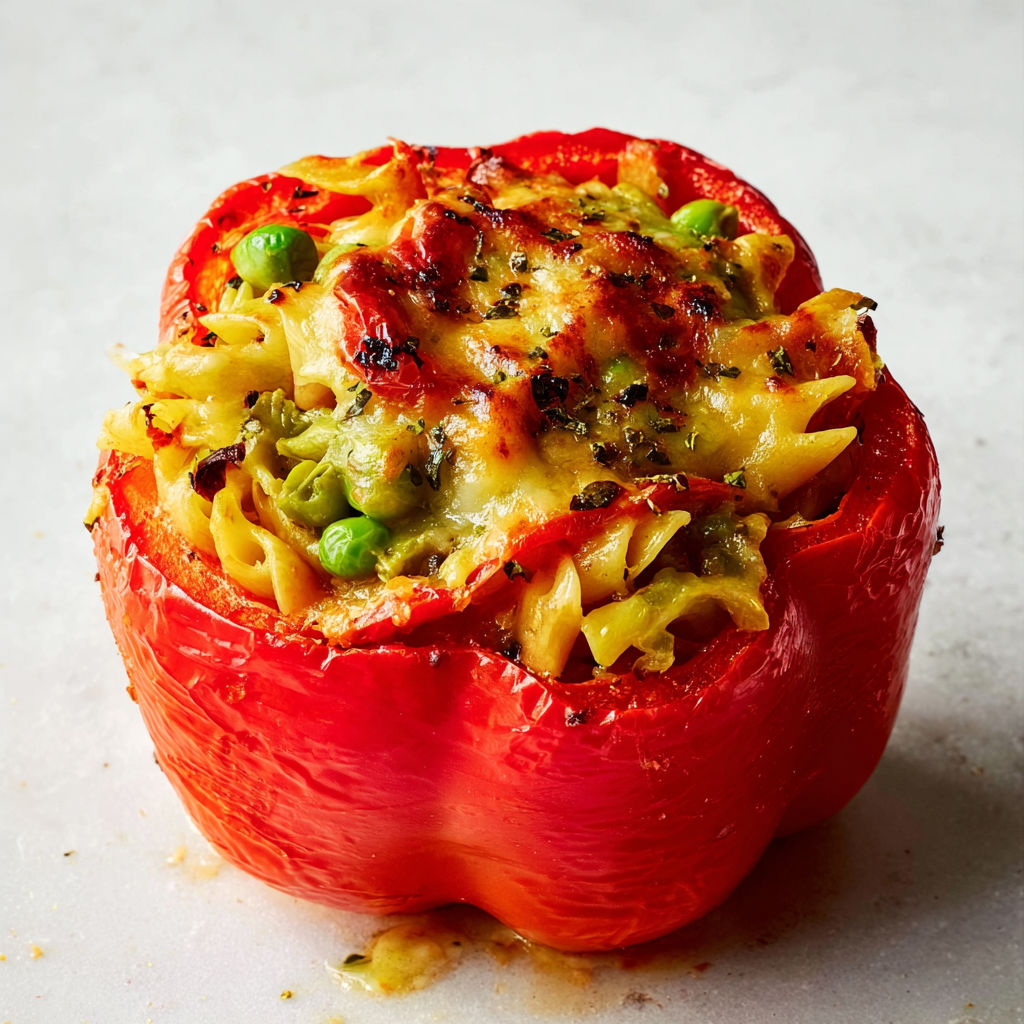 Poivrons rôtis garnis de restes de pâtes, petits pois et artichauts, fondants et légèrement croustillants au four.