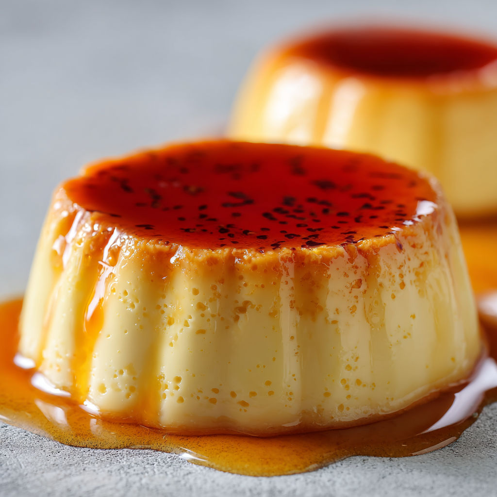 Crème caramel comme chez grand-mère, deux cakes de crème caramel sur un plateau, avec des sauces caramel sur les cakes.