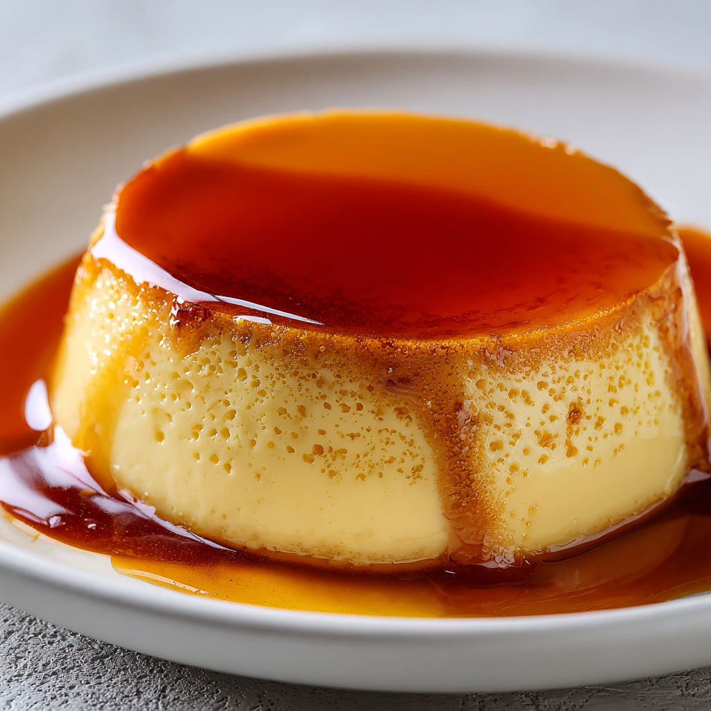 Flan aux œufs classique, nappé de caramel liquide, doux et onctueux après cuisson lente au bain-marie.