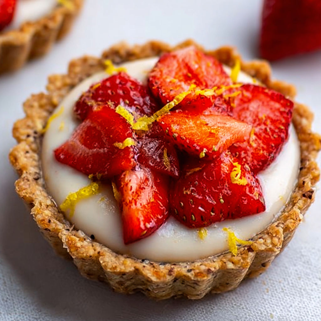 Tartelettes vegan aux fraises, crème végétale à la boisson d’amande et sirop d’érable, fraîches et délicatement parfumées.