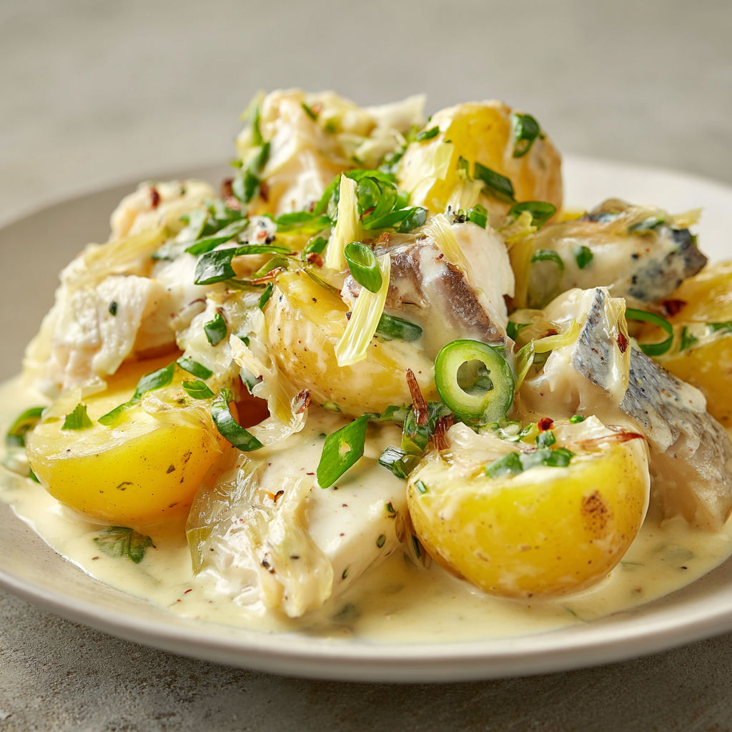 Une assiette de pommes de terre tièdes au haddock, garnies de herbes et de sauce.