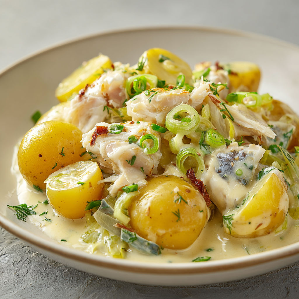 Pommes de terre tièdes au haddock fumé, poireaux fondants et crème onctueuse, un plat réconfortant aux saveurs marines.
