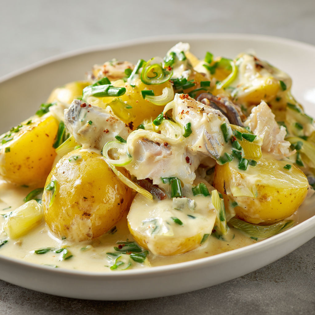 Poêlée gourmande de pommes de terre, poisson fumé et légumes fondus, nappée de crème fraîche et relevée à la ciboulette.