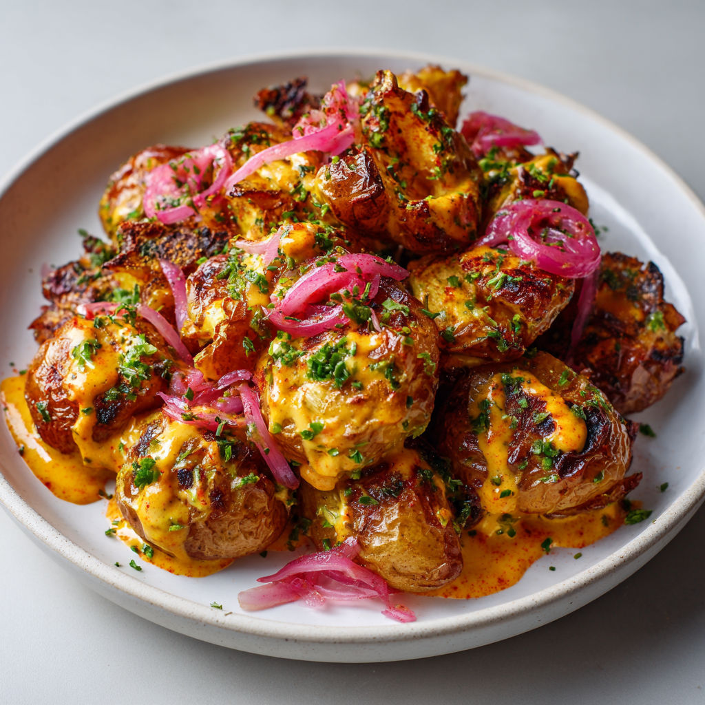Une assiette de pommes de terre tapées et mayonnaise épicée au citron, servies sur une table.