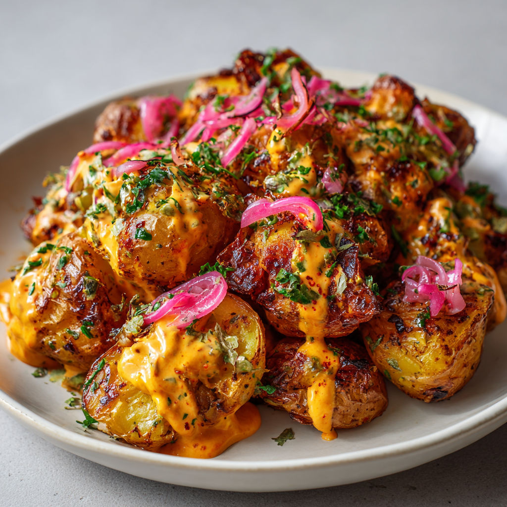 Pommes de terre nouvelles écrasées au four, croustillantes et dorées, servies avec une mayonnaise citronnée relevée au paprika fumé.