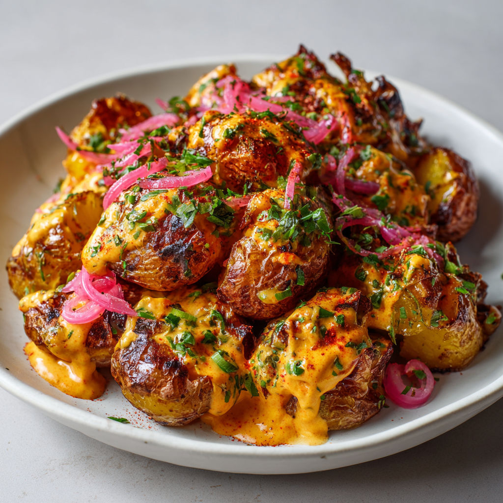 Pommes de terre rôties à la peau croustillante, accompagnées d’une sauce vegan relevée et de pickles d’oignon rouge acidulés.