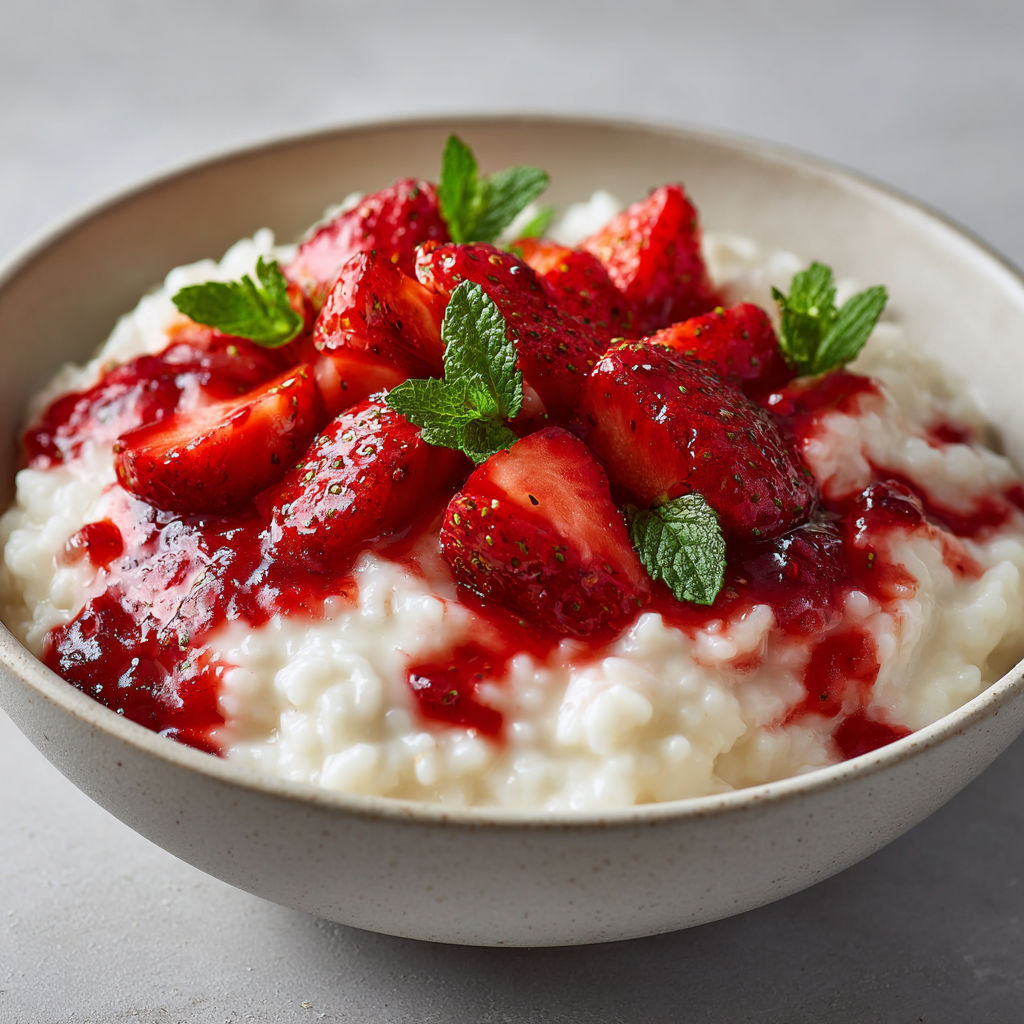 Riz au lait onctueux aux fraises, mélange délicat de crème, lait entier et fruits rouges légèrement acidulés.