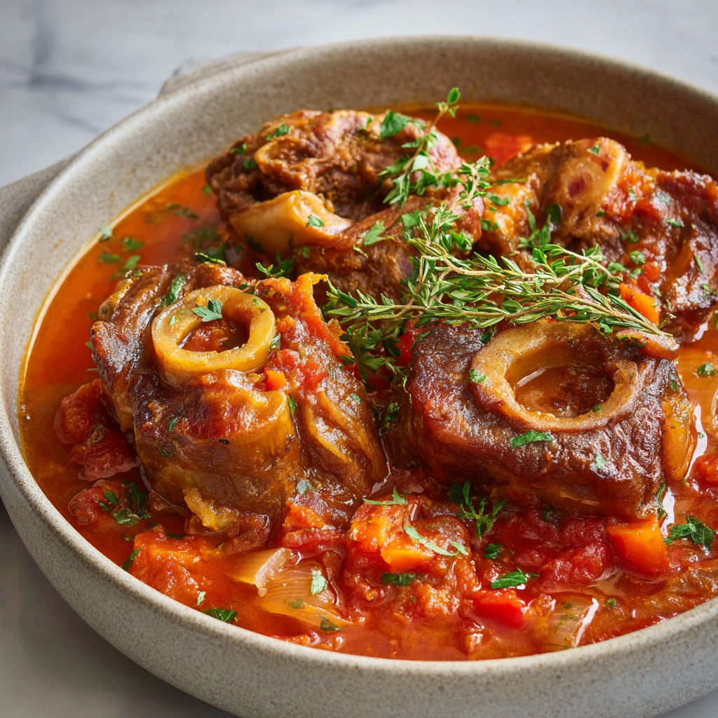 Un osso buco sans gluten est servie dans un bol en terre.