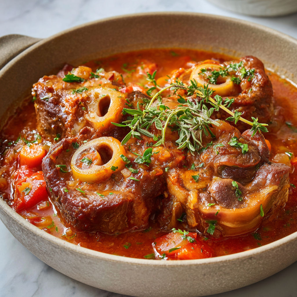 Osso buco sans gluten mijoté longuement, jarret de veau fondant dans une sauce tomate et vin blanc parfumée aux légumes.