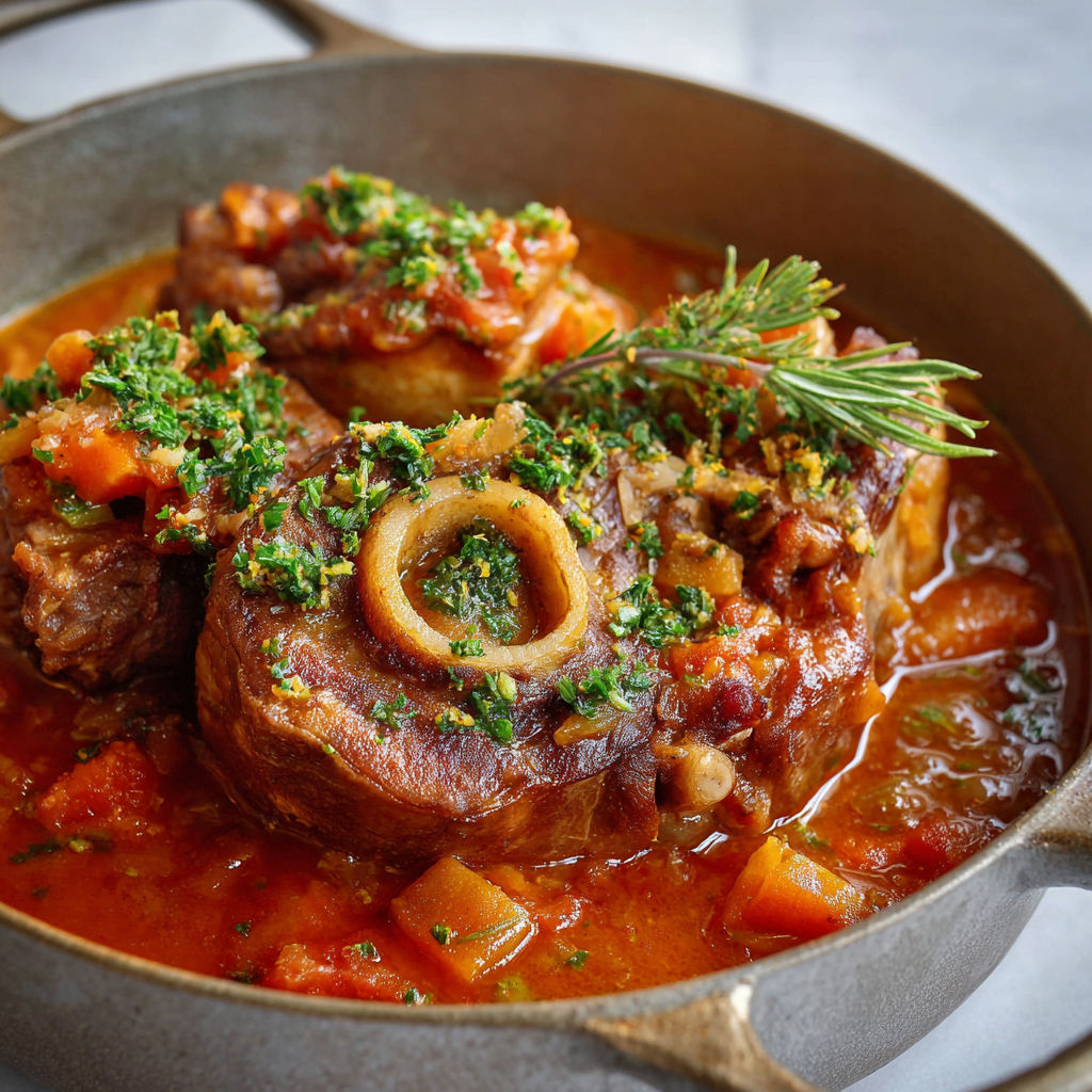 Jarrets de veau braisés lentement jusqu’à devenir ultra fondants, servis avec une sauce riche aux herbes, ail et zeste de citron.