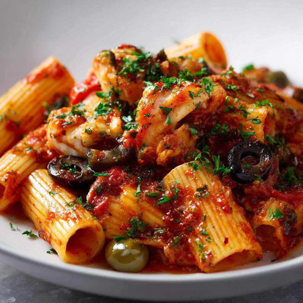Une assiette de poisson ragoût avec des tomates et des olives.