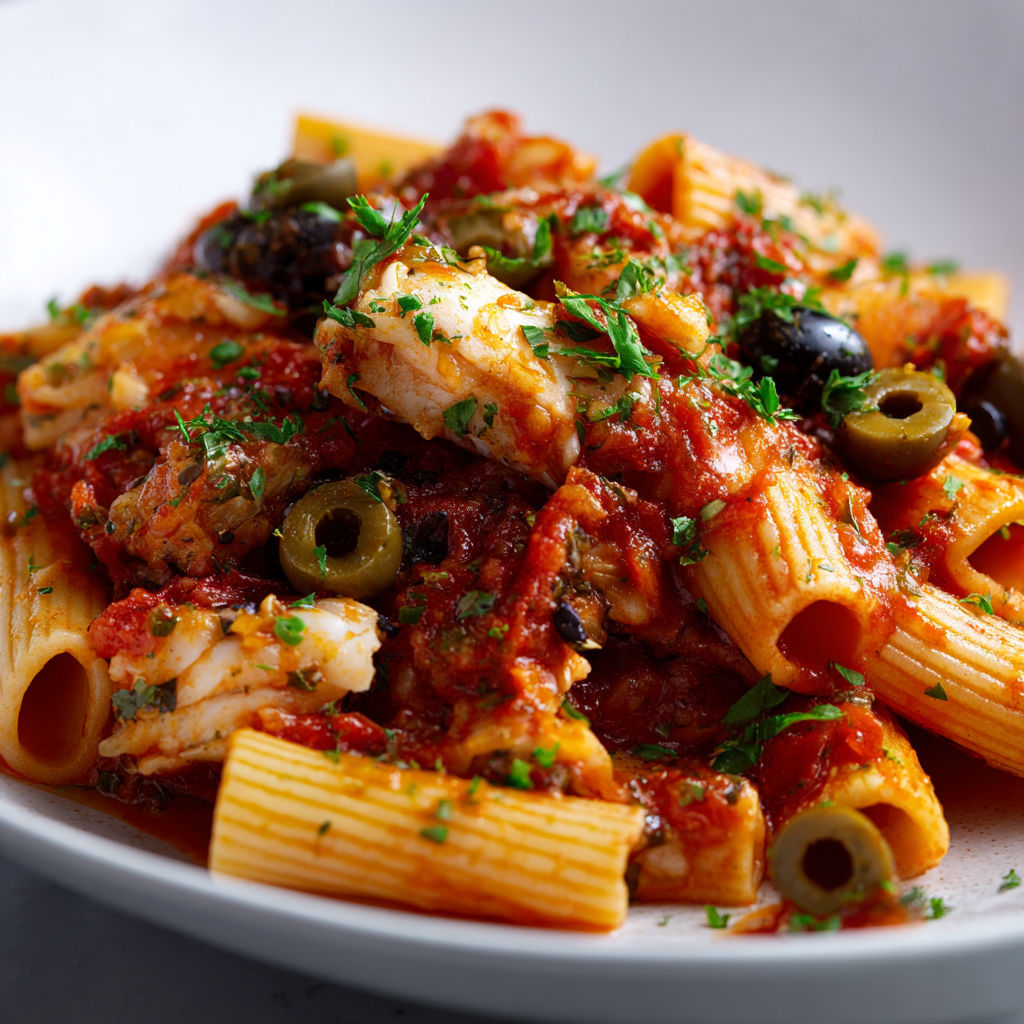 Ragoût de poisson aux tomates et olives, servi avec des pâtes fondantes et une sauce généreuse et parfumée.