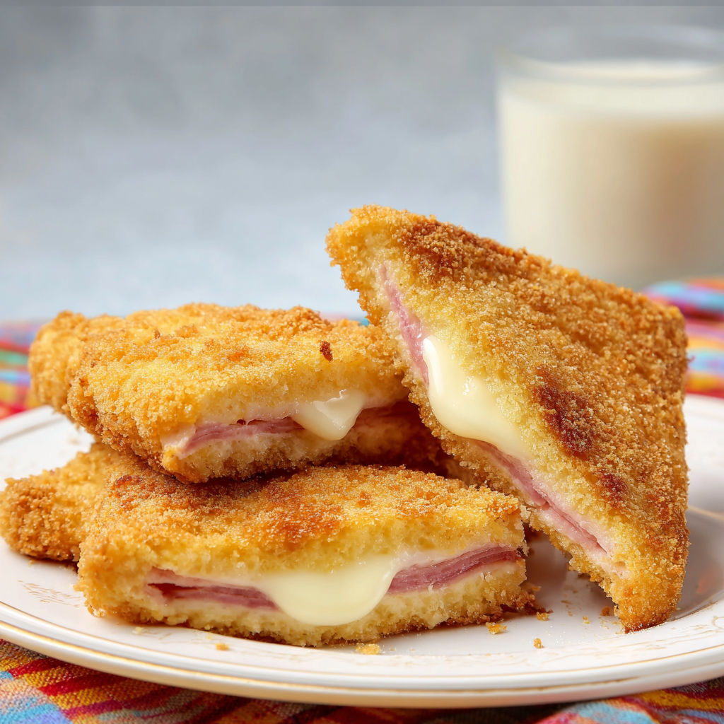Mozzarella in carrozza croustillante et dorée, cœur fondant de fromage et jambon.