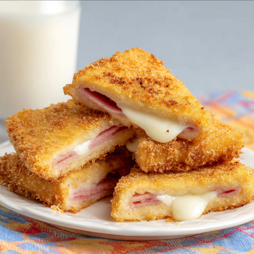 Pain de mie doré à la perfection, enveloppant une mozzarella filante et du jambon savoureux.