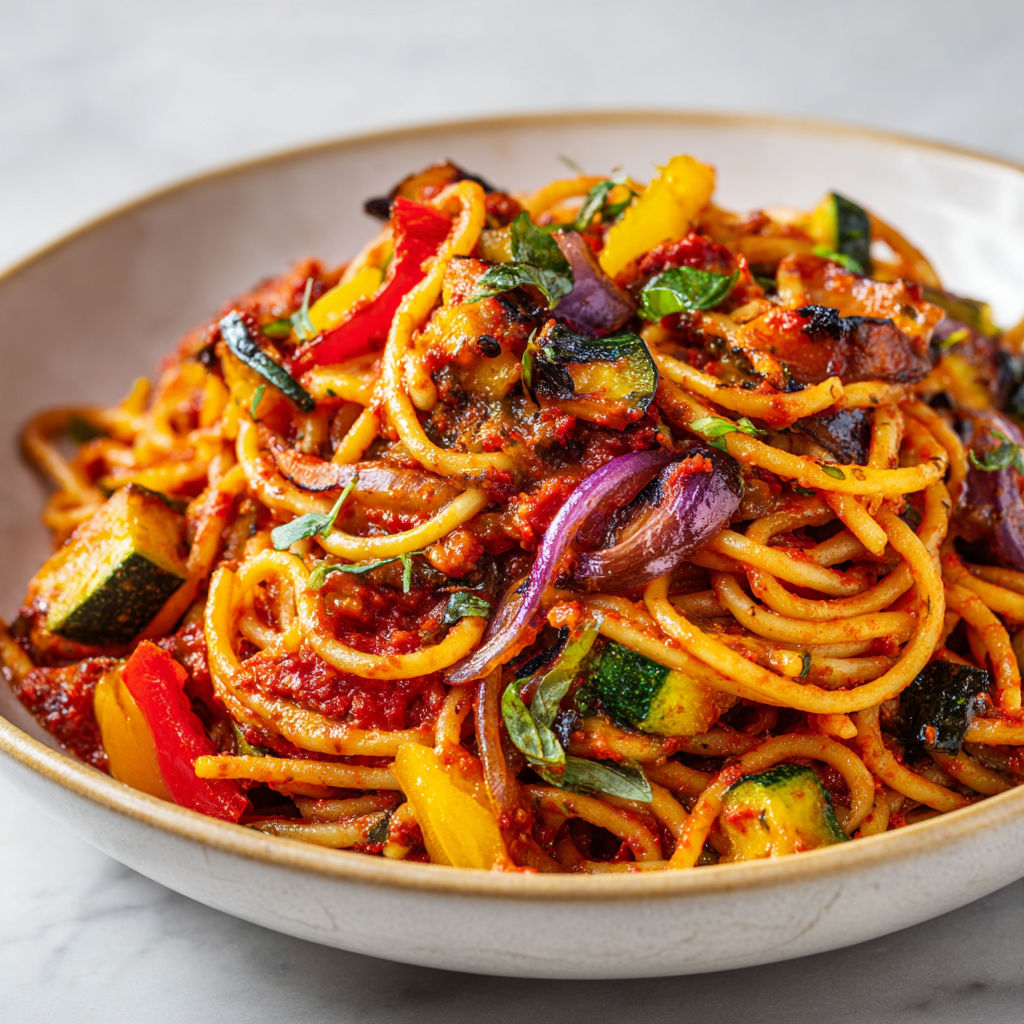 Pâtes italiennes associées à une ratatouille rôtie, parfumées aux herbes méditerranéennes et à l’huile d’olive.