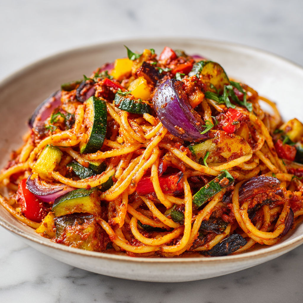 Spaghetti enrobés d’un pesto rouge pimenté, mélangés à des légumes grillés au four, plat coloré et relevé.
