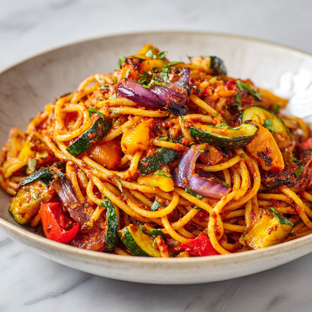 Spaghetti savoureux au pesto épicé et légumes fondants, mélange inattendu mais riche en goût et en texture.