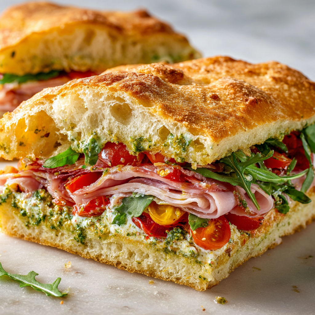 Focaccia garnie au pesto ricotta-noix, jambon et légumes frais, sandwich gourmand prêt en quelques minutes.