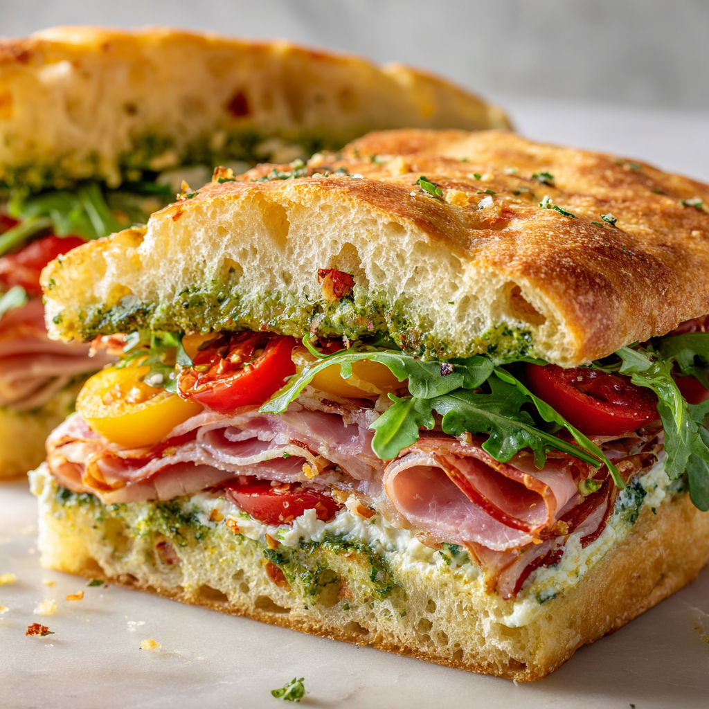 Focaccia généreuse garni de pesto crémeux, tomates rôties et salade croquante, idéal pour un déjeuner rapide.