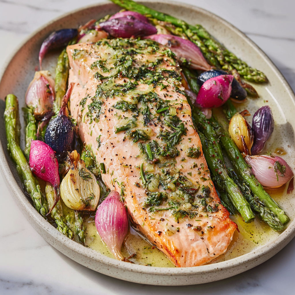 Un saumon rôti aux légumes printaniers est présenté sur un plateau en argile.