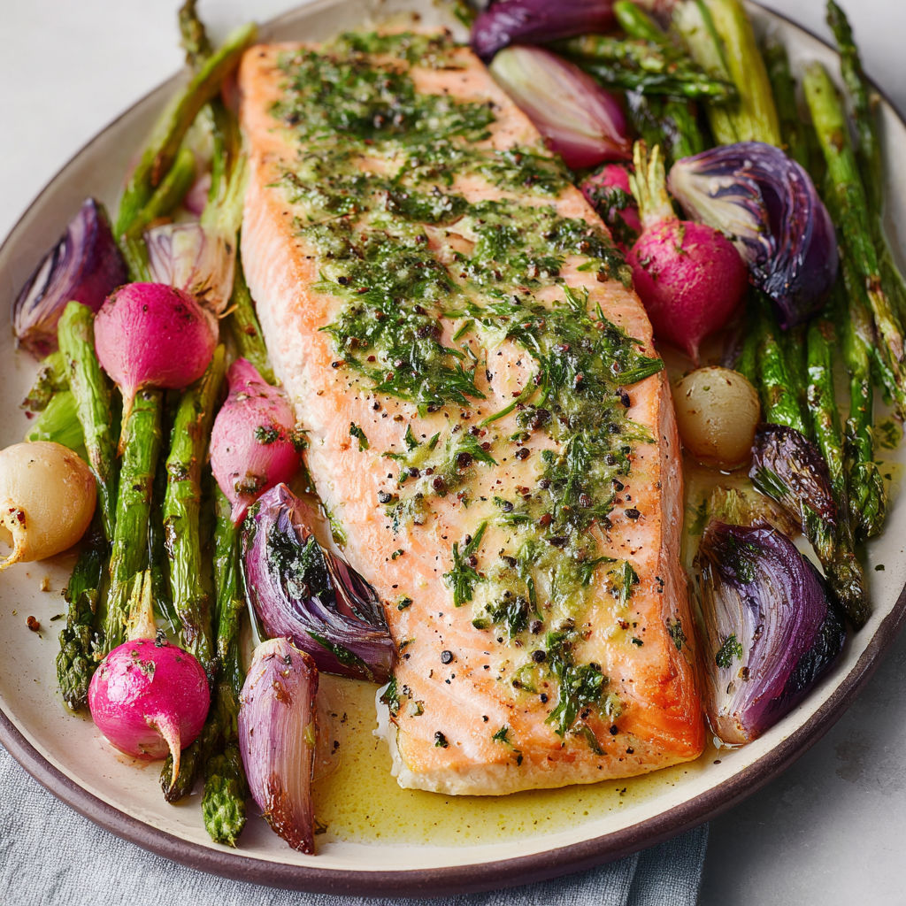 Saumon rôti au four accompagné de légumes printaniers, asperges, radis et oignons nouveaux, plat léger et coloré.