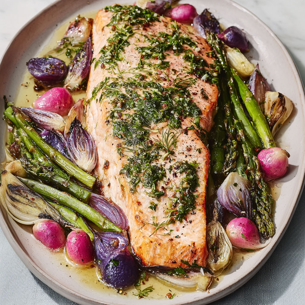 Filet de saumon moelleux cuit sur lit de légumes rôtis, relevé d’une sauce moutarde citronnée aux herbes fraîches.