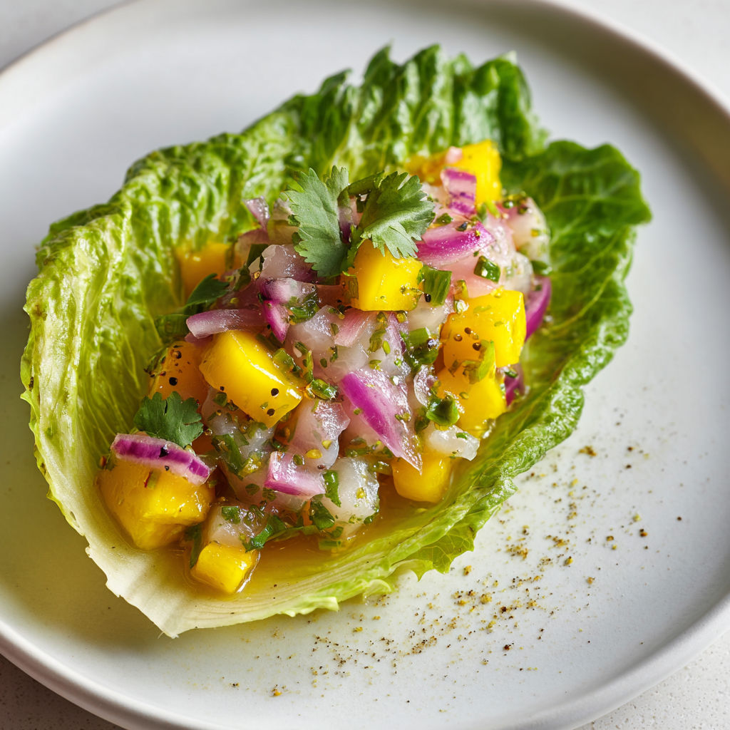 Une tartare de daurade, mangue et coriandre est servie sur un plateau en verre.