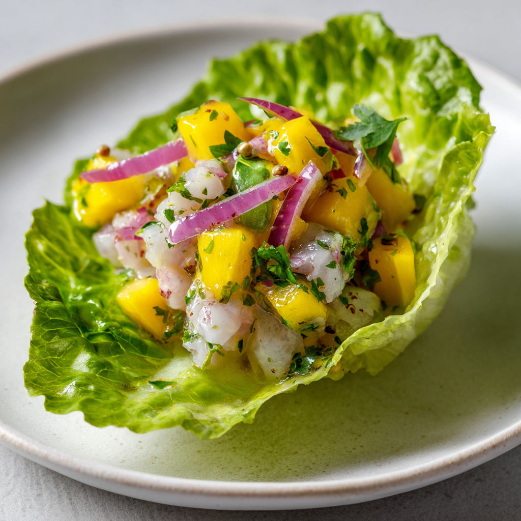 Tartare de daurade frais, mangue juteuse et coriandre parfumée, servi sur feuilles de sucrine croquantes.
