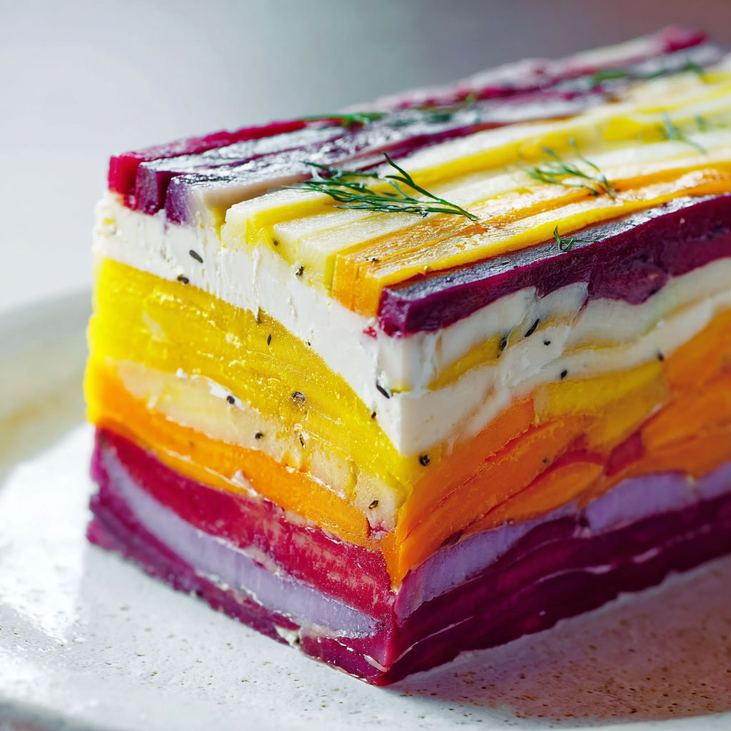 Une terrine de carottes multicolores au fromage de chèvre est servie sur un plateau.