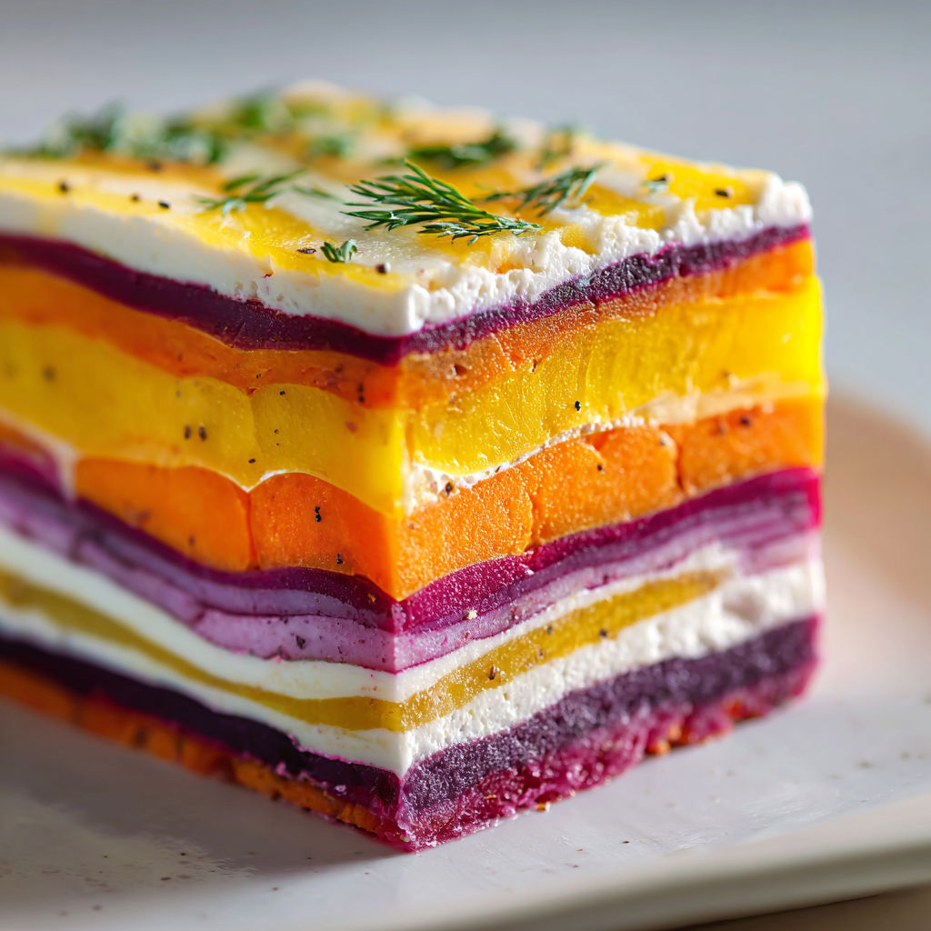 Terrine froide de carottes multicolores au fromage de chèvre frais, aux couches fondantes et colorées.