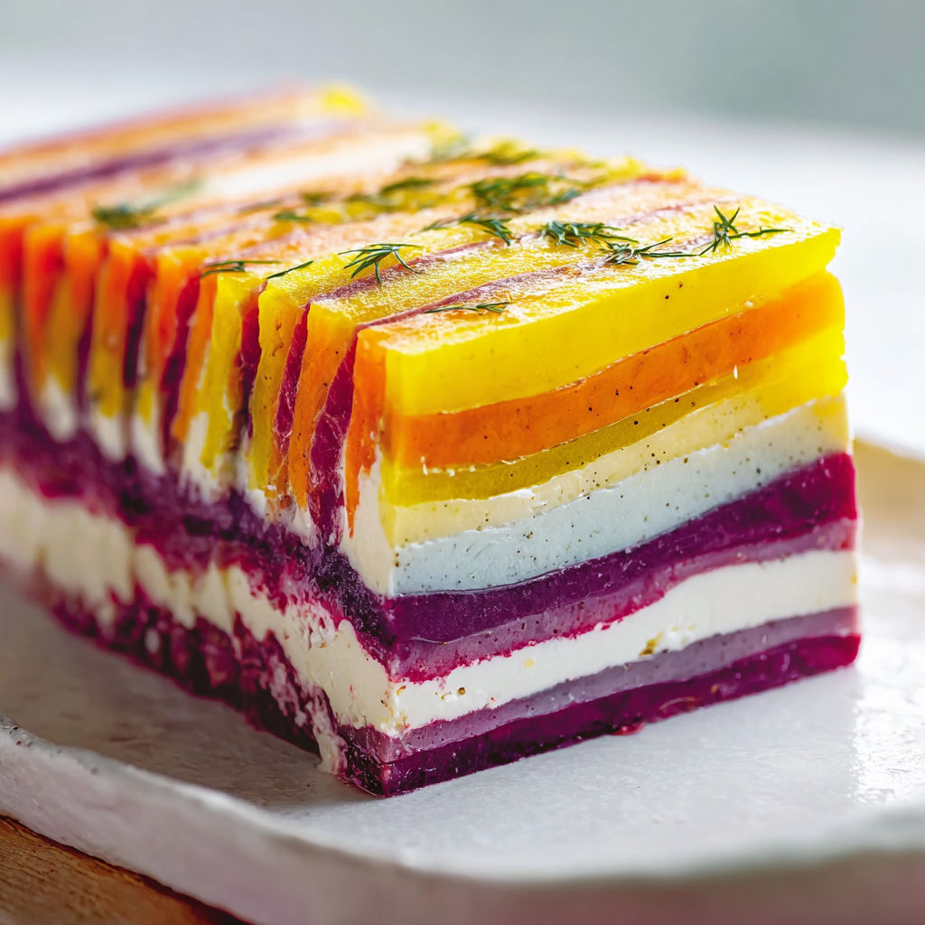 Entrée élégante à base de carottes jaunes, oranges et violettes, liées avec une crème de chèvre parfumée au miel et cumin.