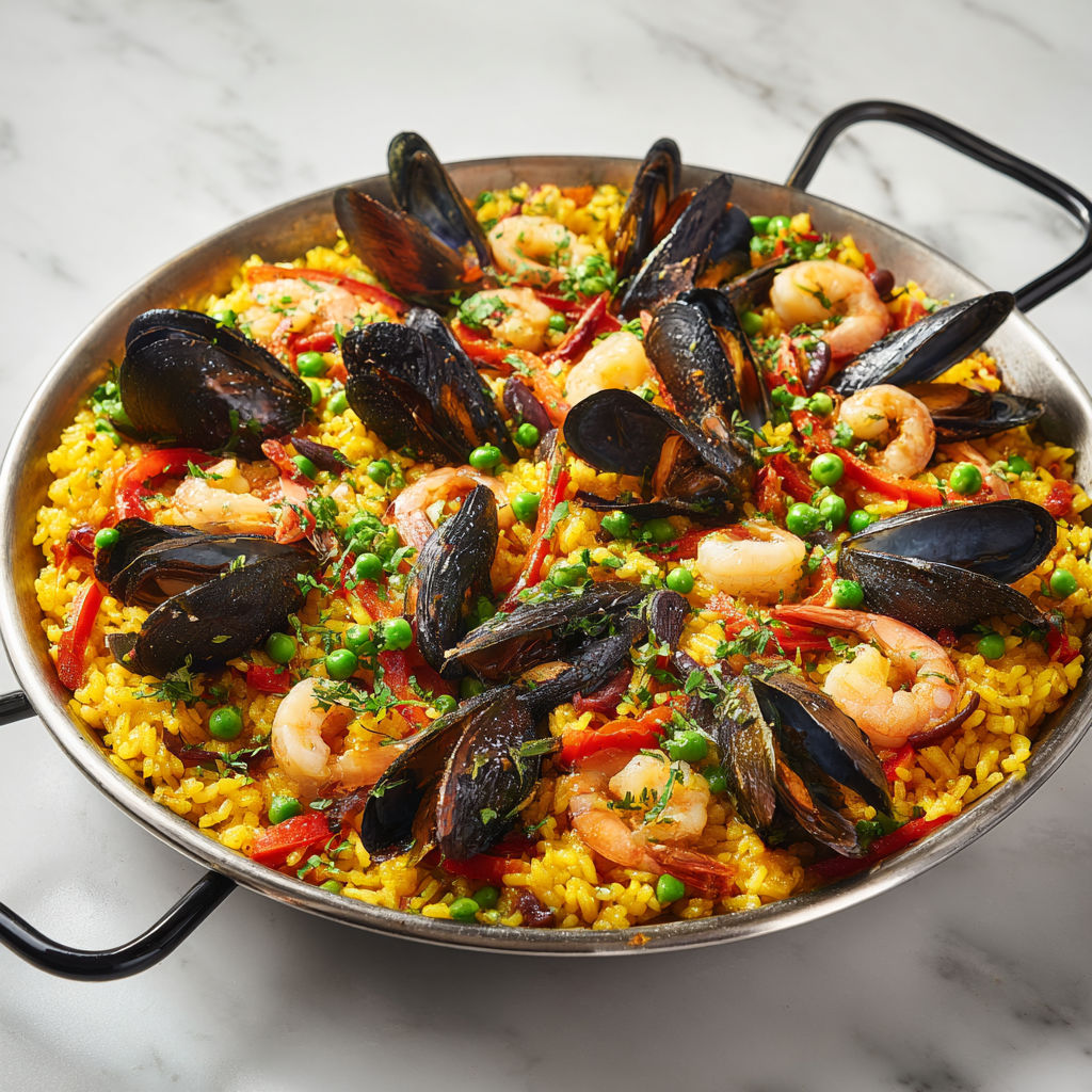 Un plat de paella avec des moules, des pois, des tomates et des crevettes.