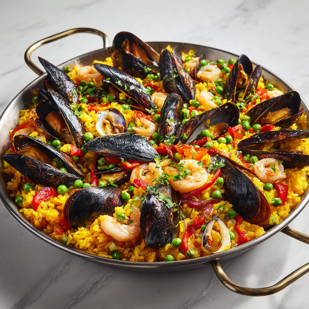 Une casserole de moules et légumes, avec des moules, des pois, des tomates, des oignons et des épinards, est servie dans un bol en argent.