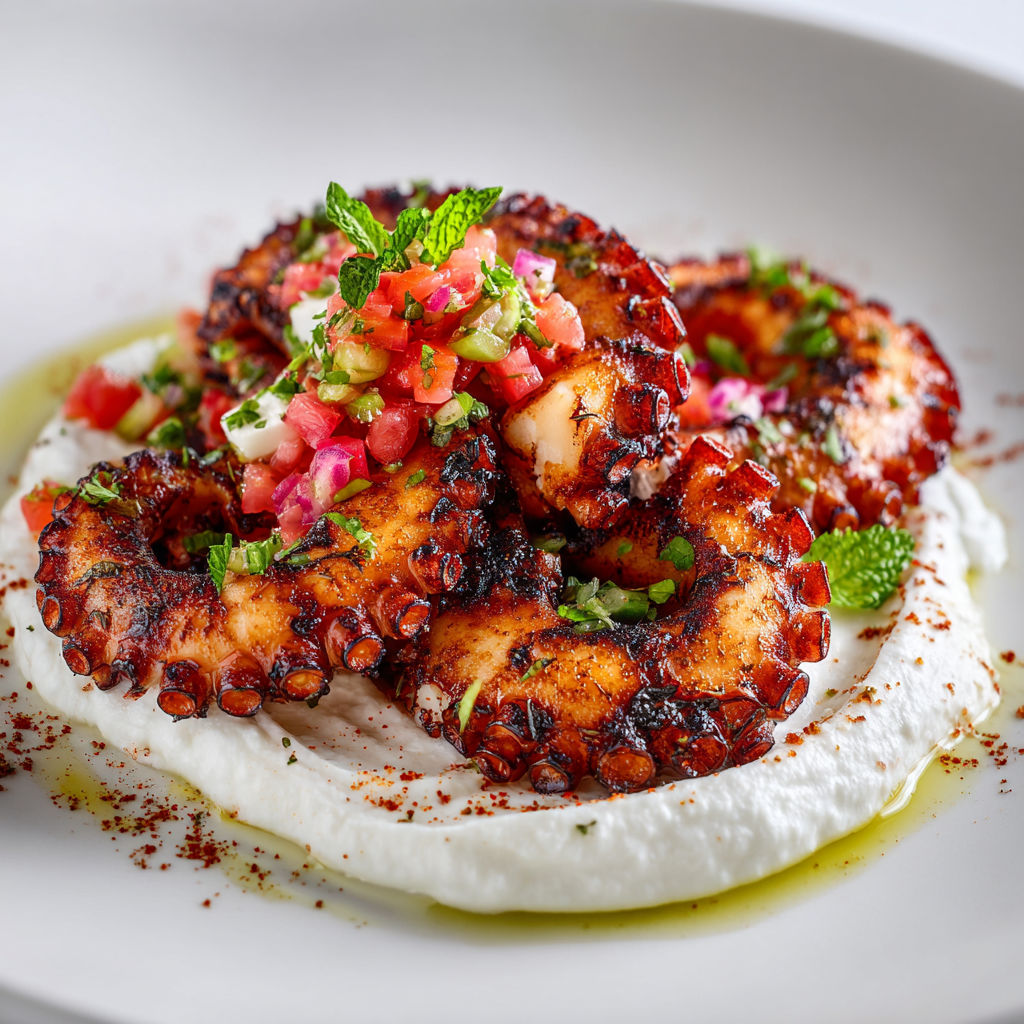 Poulpe grillé à la plancha, accompagné d’une salade de fraises acidulée aux herbes fraîches et citron vert.