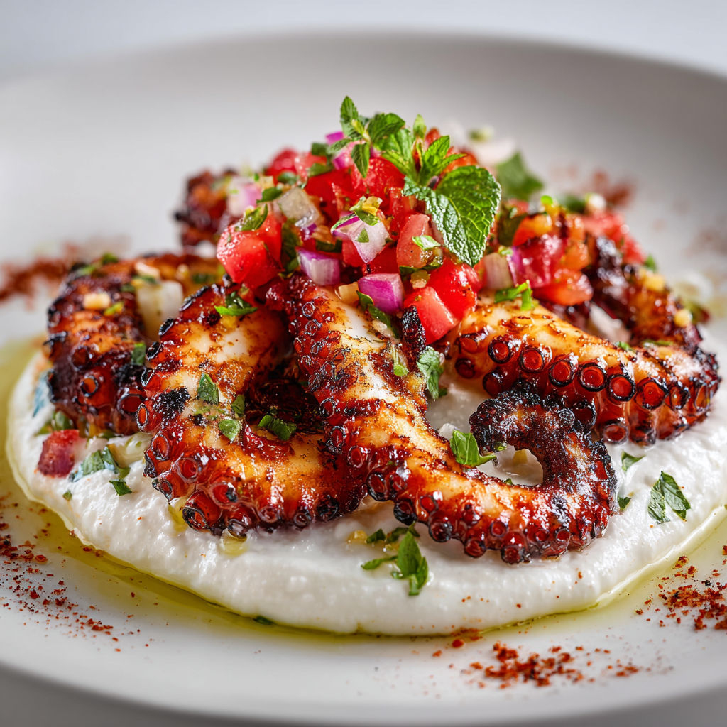 Assiette créative et contrastée, avec labneh crémeux, poulpe snacké et condiment de fraises aux agrumes et basilic.
