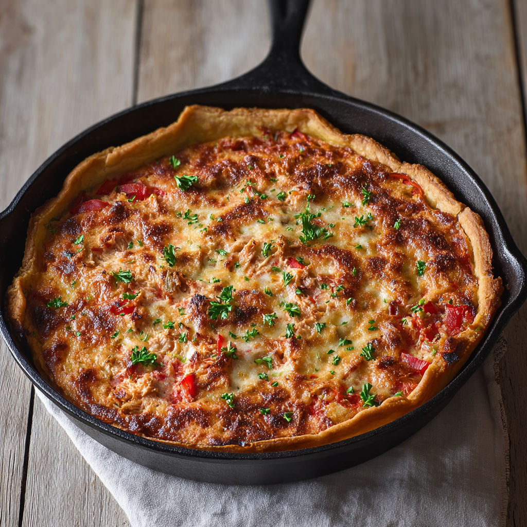 Quiche au thon façon catalane, garnie de poivrons grillés, tomates et oignons rouges dans une base crémeuse aux œufs.