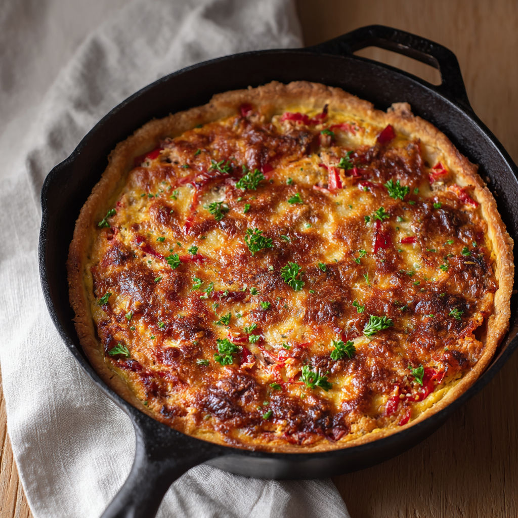 Tarte salée dorée et fondante, mêlant thon émietté, légumes méditerranéens et fromage gratiné.